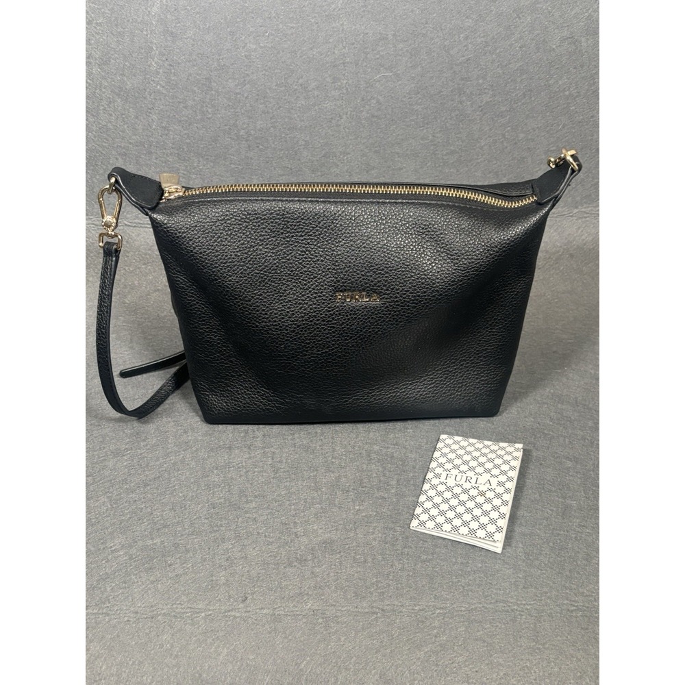 Furla Womens Black Pebbled Leather Crossbody Bag Gold Hardware Authentic